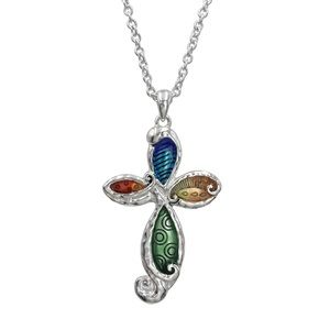 Multicolor Painted Cross Long Silver Necklace